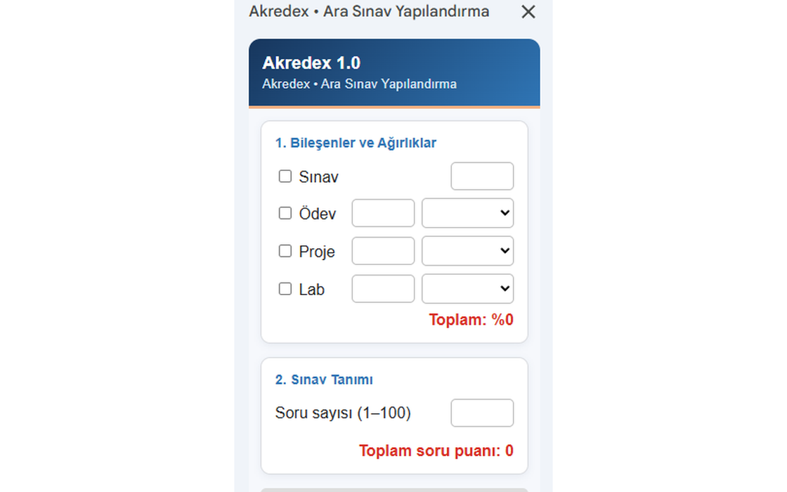 Akredex ara sınav yapılandırma paneli