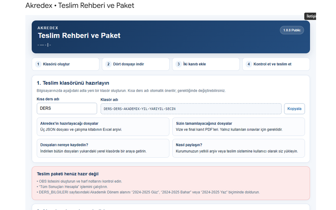 Akredex teslim rehberi ve paket ekranı